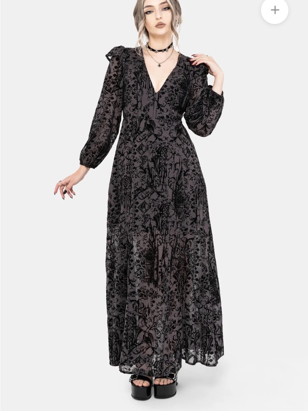 Thorned Flocked Chiffon Castle Print Frill Neck Maxi Dress - Picture 4 of 11